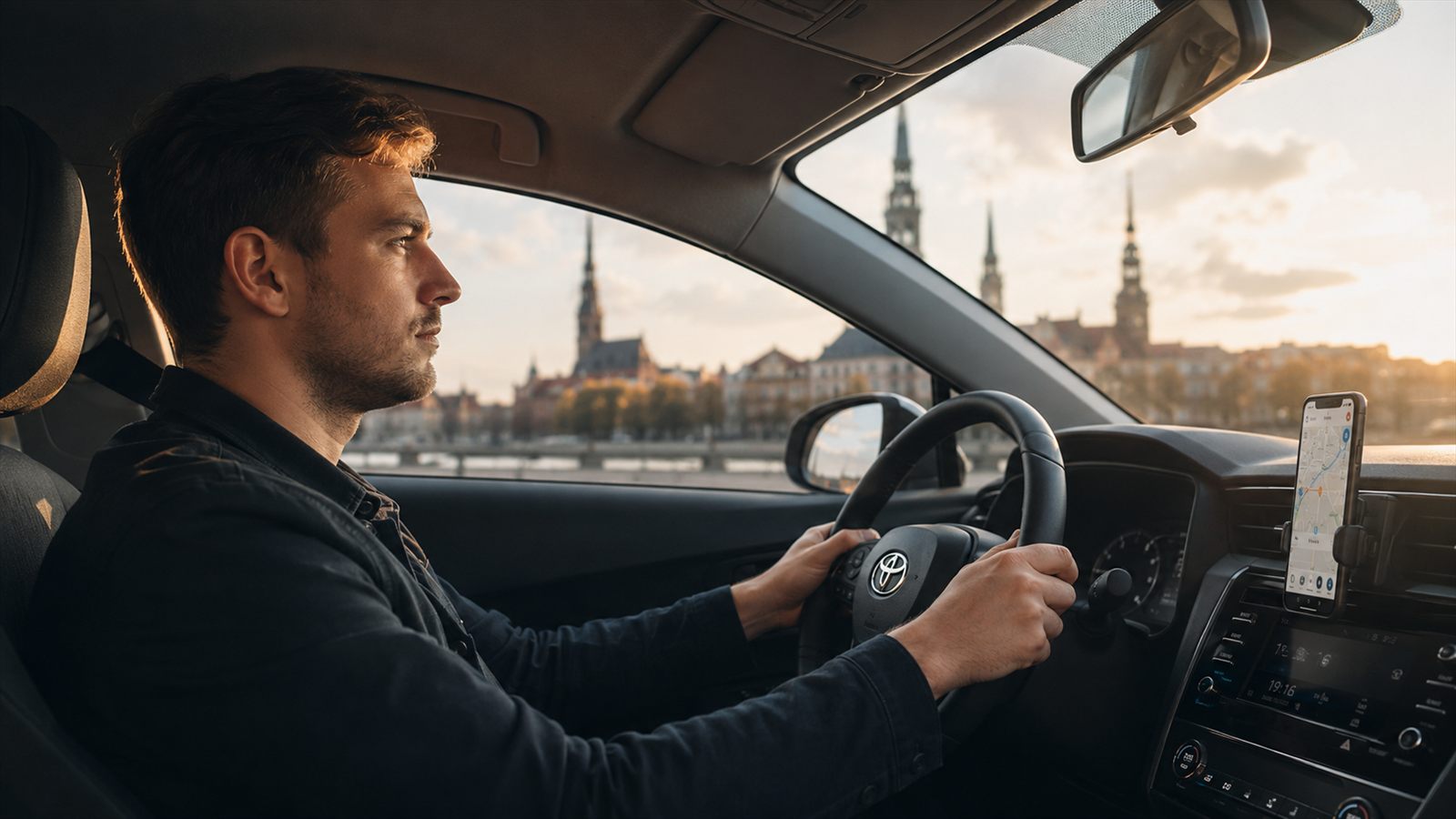 A CityRide partner driver on a Riga bridge at sunset